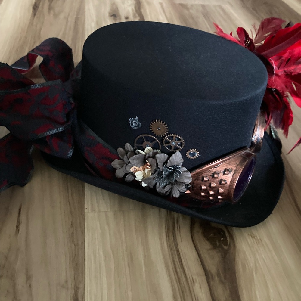 Steampunk Hat Halloween Goggles Gears Feathers Black Red Feather